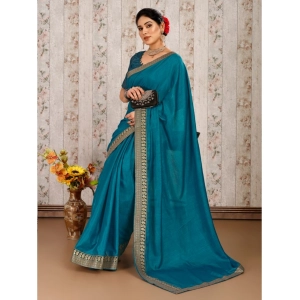 Generic Women's Vichitra Plain Saree With Unstitched Blouse (Blue, 5-6 Mtrs)