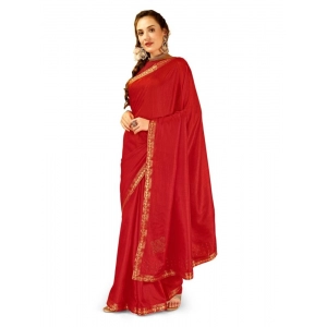 Generic Women's Vichitra Printed Saree With Unstitched Blouse (Red, 5-6 Mtrs)