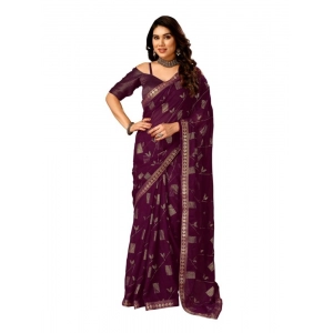 Generic Women's Zomto Patta Chiffon Saree With Unstitched Blouse (Wine, 5-6 Mtrs)