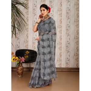 Generic Women's Linen Floral Printed Saree With Unstitched Blouse (Grey, 5-6 Mtrs)