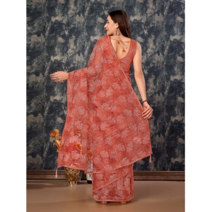 Generic Women's Linen Floral Printed Saree With Unstitched Blouse (Peach, 5-6 Mtrs)