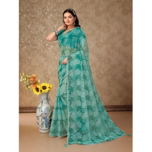 Generic Women's Linen Floral Printed Saree With Unstitched Blouse (Turquies Green, 5-6 Mtrs)
