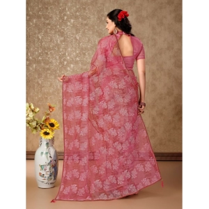 Generic Women's Linen Floral Printed Saree With Unstitched Blouse (Pink, 5-6 Mtrs)