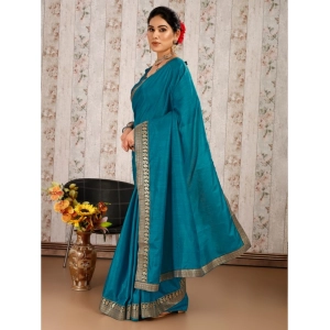 Generic Women's Vichitra Plain Saree With Unstitched Blouse (Blue, 5-6 Mtrs)