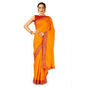 Generic Women's Vichitra Plain Saree With Unstitched Blouse (Yellow, 5-6 Mtrs)