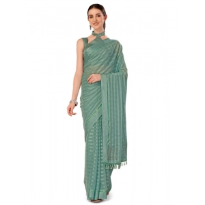 Generic Women's Chiffon Fabric Line Saree With Unstitched Blouse (Turquoise green, 5-6 Mtrs)