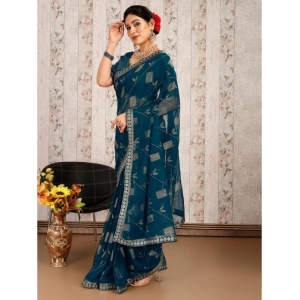Generic Women's Zomto Patta Chiffon Saree With Unstitched Blouse (Blue, 5-6 Mtrs)