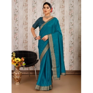 Generic Women's Vichitra Plain Saree With Unstitched Blouse (Blue, 5-6 Mtrs)