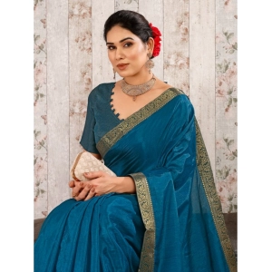 Generic Women's Vichitra Swiroshki Butta Saree With Unstitched Blouse (Blue, 5-6 Mtrs)