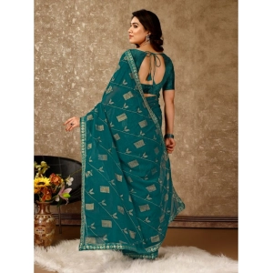 Generic Women's Zomto Patta Chiffon Saree With Unstitched Blouse (Teal Blue, 5-6 Mtrs)