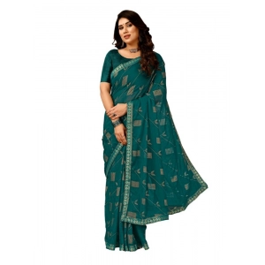 Generic Women's Zomto Patta Chiffon Saree With Unstitched Blouse (Teal Blue, 5-6 Mtrs)
