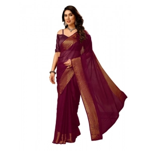 Generic Women's Chiffon Fabric Plain Saree With Unstitched Blouse (Wine, 5-6 Mtrs)