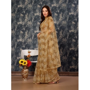 Generic Women's Linen Floral Printed Saree With Unstitched Blouse (Brown, 5-6 Mtrs)