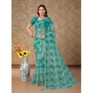 Generic Women's Linen Floral Printed Saree With Unstitched Blouse (Turquies Green, 5-6 Mtrs)