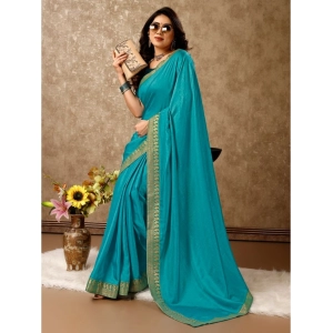Generic Women's Vichitra Plain Saree With Unstitched Blouse (Teal Blue, 5-6 Mtrs)