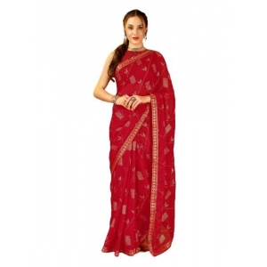 Generic Women's Zomto Patta Chiffon Saree With Unstitched Blouse (Red, 5-6 Mtrs)