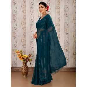 Generic Women's Chiffon Fabric Line Saree With Unstitched Blouse (Teal Blue, 5-6 Mtrs)