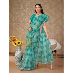 Generic Women's Linen Floral Printed Saree With Unstitched Blouse (Turquies Green, 5-6 Mtrs)