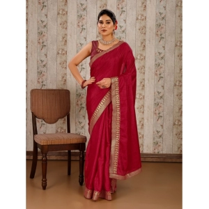 Generic Women's Vichitra Plain Saree With Unstitched Blouse (Maroon, 5-6 Mtrs)