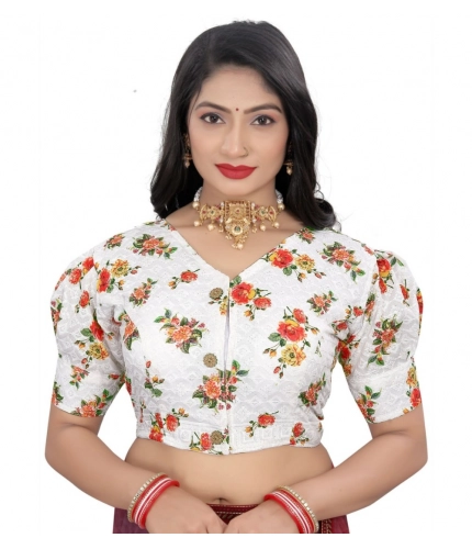 Women's Cotton Blend Floral Readymade Blouse (Orange, Size: Free Size)