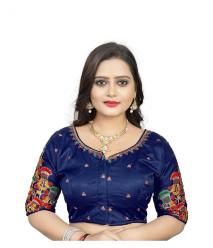 Women's Malai Silk Floral Readymade Blouse (Navy Blue, Size: Free Size)