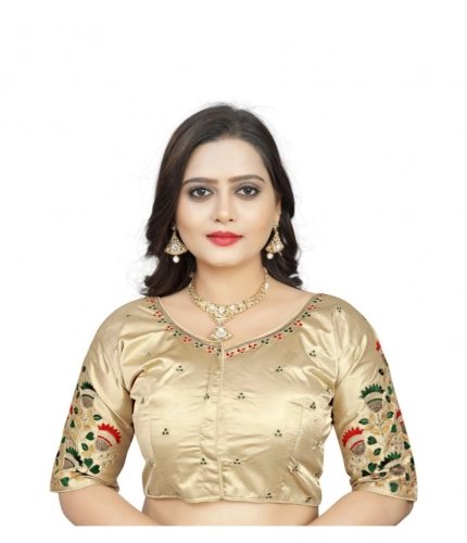 Women's Malai Silk Floral Readymade Blouse (Cream, Size: Free Size)