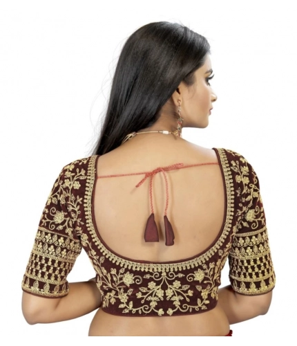 Women's Velvet Embroidery Readymade Blouse (Brown, Size: Free Size)