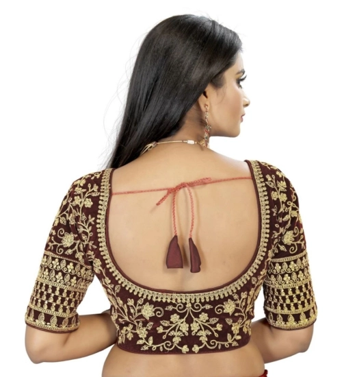 Women's Velvet Embroidery Readymade Blouse (Brown, Size: Free Size)