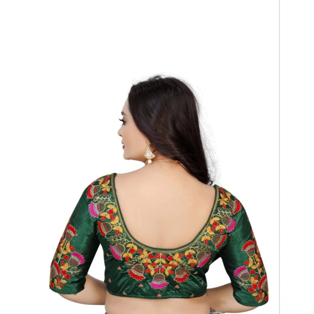 Women's Malai Silk Floral Readymade Blouse (Green, Size: Free Size) Women's Malai Silk Floral Readymade Blouse (Green, Size: Free Size)