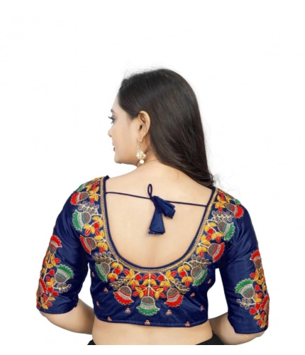 Women's Malai Silk Floral Readymade Blouse (Navy Blue, Size: Free Size) Women's Malai Silk Floral Readymade Blouse (Navy Blue, Size: Free Size)