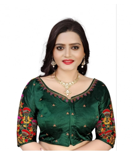 Women's Malai Silk Floral Readymade Blouse (Green, Size: Free Size)