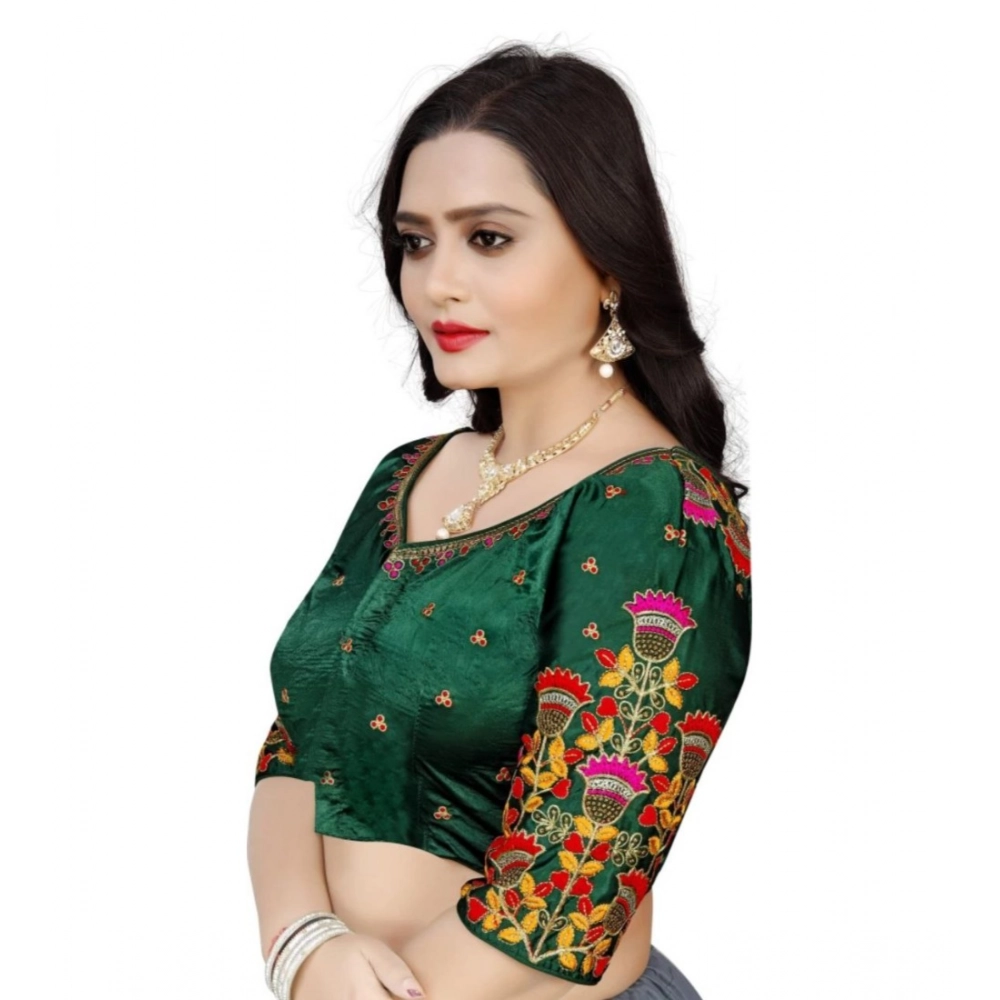 Women's Malai Silk Floral Readymade Blouse (Green, Size: Free Size) Women's Malai Silk Floral Readymade Blouse (Green, Size: Free Size)