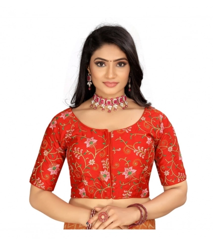 Women's Satin Floral Readymade Blouse (Red, Size: Free Size)