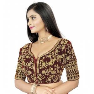 Generic Women's Velvet Embroidery Readymade Blouse (Brown, Size: Free Size)