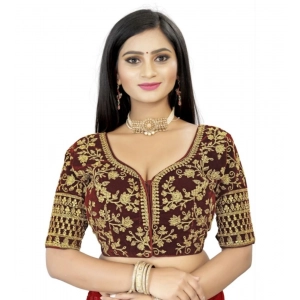 Generic Women's Velvet Embroidery Readymade Blouse (Brown, Size: Free Size)