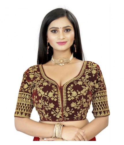 Women's Velvet Embroidery Readymade Blouse (Brown, Size: Free Size)