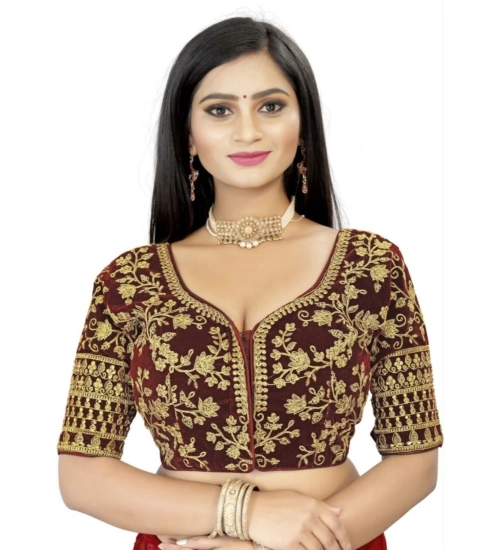 Women's Velvet Embroidery Readymade Blouse (Brown, Size: Free Size)