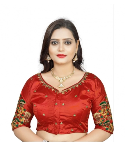 Women's Malai Silk Floral Readymade Blouse (Red, Size: Free Size)