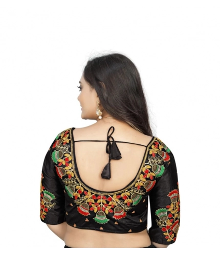 Women's Malai Silk Floral Readymade Blouse (Black, Size: Free Size)