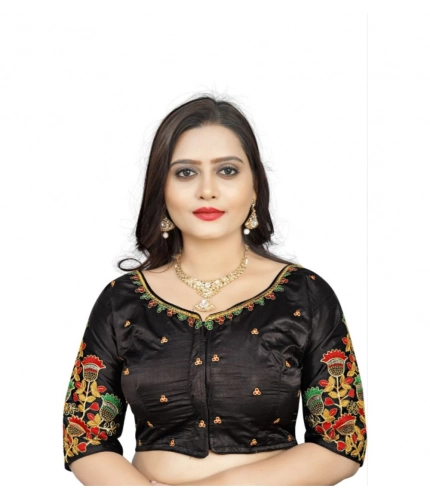 Women's Malai Silk Floral Readymade Blouse (Black, Size: Free Size)