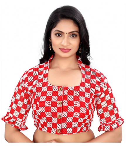 Women's Cotton Blend Checks Readymade Blouse (Red, Size: Free Size)