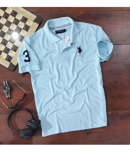 Men's Casual Half sleeve Solid Cotton Polo Neck T-shirt (Sky Blue)