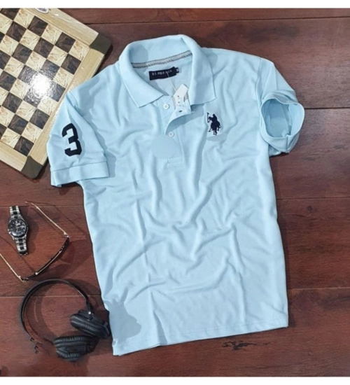 Men's Casual Half sleeve Solid Cotton Polo Neck T-shirt (Sky Blue)