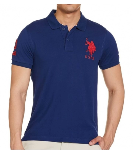 Men's Casual Half sleeve Solid Cotton Polo Neck T-shirt (Dark Blue)