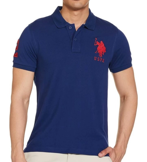 Men's Casual Half sleeve Solid Cotton Polo Neck T-shirt (Dark Blue)