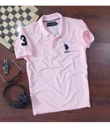 Men's Casual Half sleeve Solid Cotton Polo Neck T-shirt (Pink)