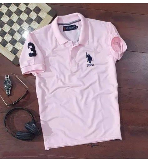 Men's Casual Half sleeve Solid Cotton Polo Neck T-shirt (Pink)