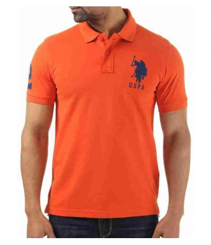 Men's Casual Half sleeve Solid Cotton Polo Neck T-shirt (Orange)