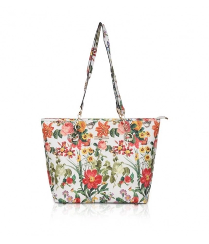 Women's Faux Leather Printed Tote Bag (White Orang)