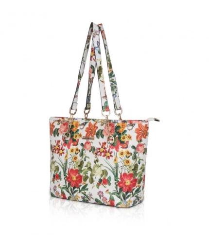 Women's Faux Leather Printed Tote Bag (White Orang)